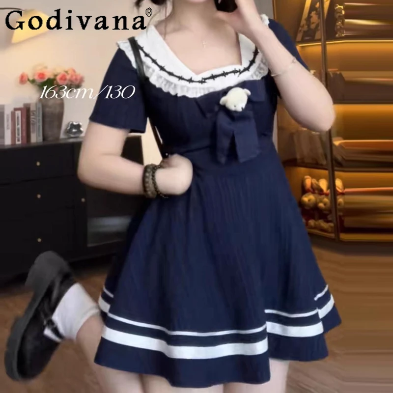 

Элегантное игривое темно-синее летнее милое платье трапециевидной формы с высокой талией для отдыха с короткими рукавами, милые возрастные японские платья