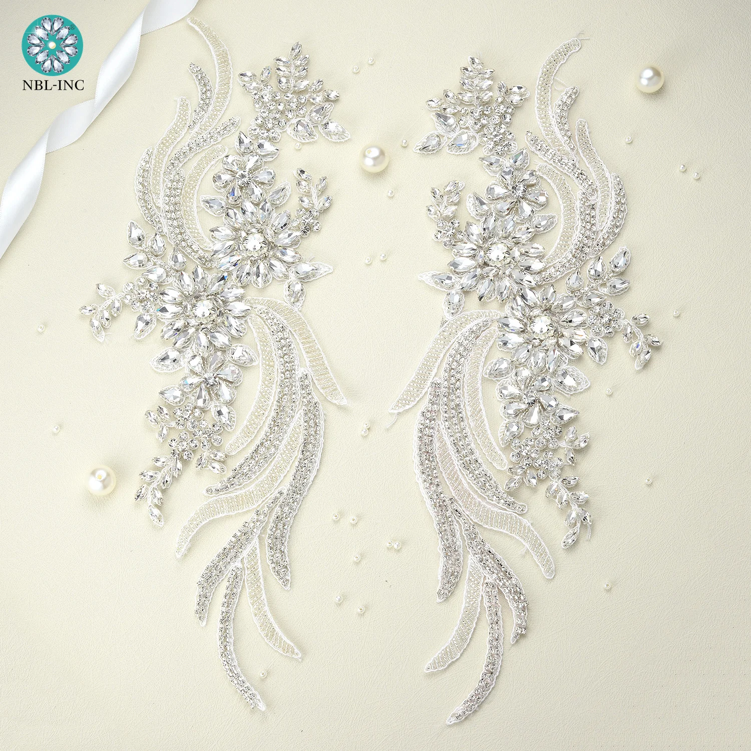 

(30Pairs) Wholesale Sew On crystal rhinestone embroidered lace motif neckline shoulder applique for wedding dress WDD1207