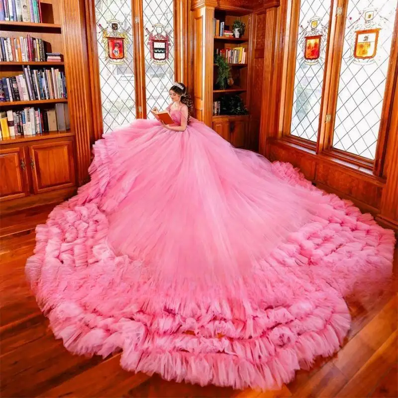 Vestido De tul rosa para quinceañera, traje De baile con cuentas, Apliques De encaje, volantes, dulce 16, 2024