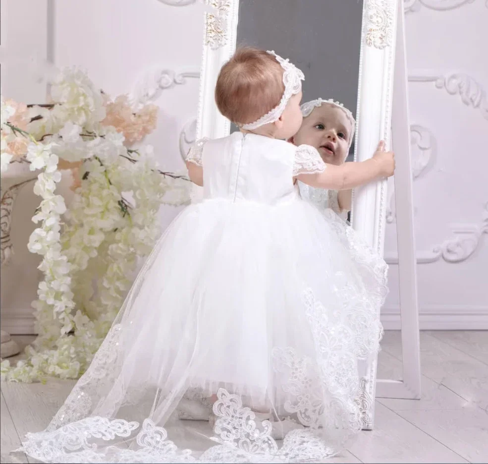 Vestido de renda branco marfim com lantejoulas para bebê, vestido com glitter, primeira comunhão, bata de aniversário recém-nascido, flor para menina, batizado