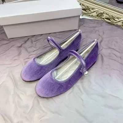 2024 New Velvet Mary Jane Pearls Buckle Shoes Women Lady Female Flat Pumps Instagram Style Casual Solid Coloe Purple Wine Red