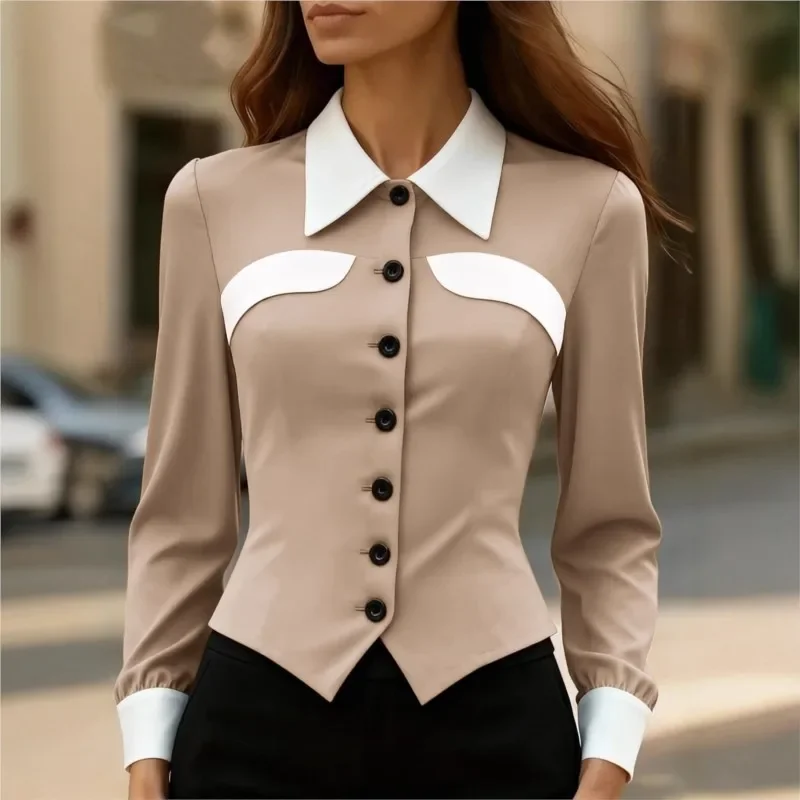 

Women's Commuter Blouses Shirt Top 2026 Spring Autumn Color-blocking Single-breasted Long-sleeved Shirt for Women Office Work