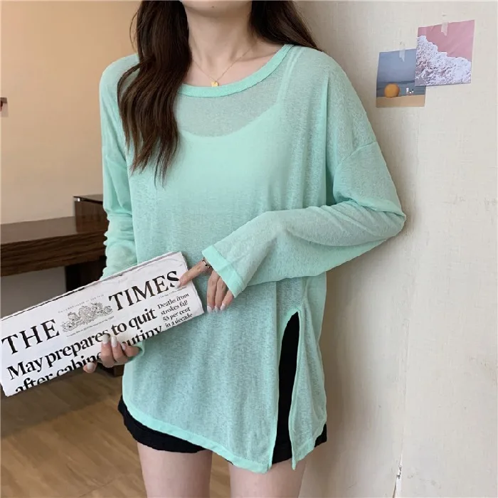 Summer Spring Autumn Long Sleeved Top Silk Women Air Conditioning Sun Protection Cover Blouse T Shirt Shirts Tops Split