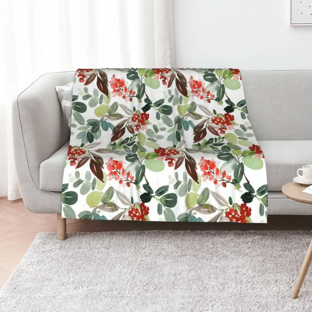 Watercolour Rowan Berries Throw Blanket Large Bed linens Decorative Throw Soft Big Bed Luxury Blankets