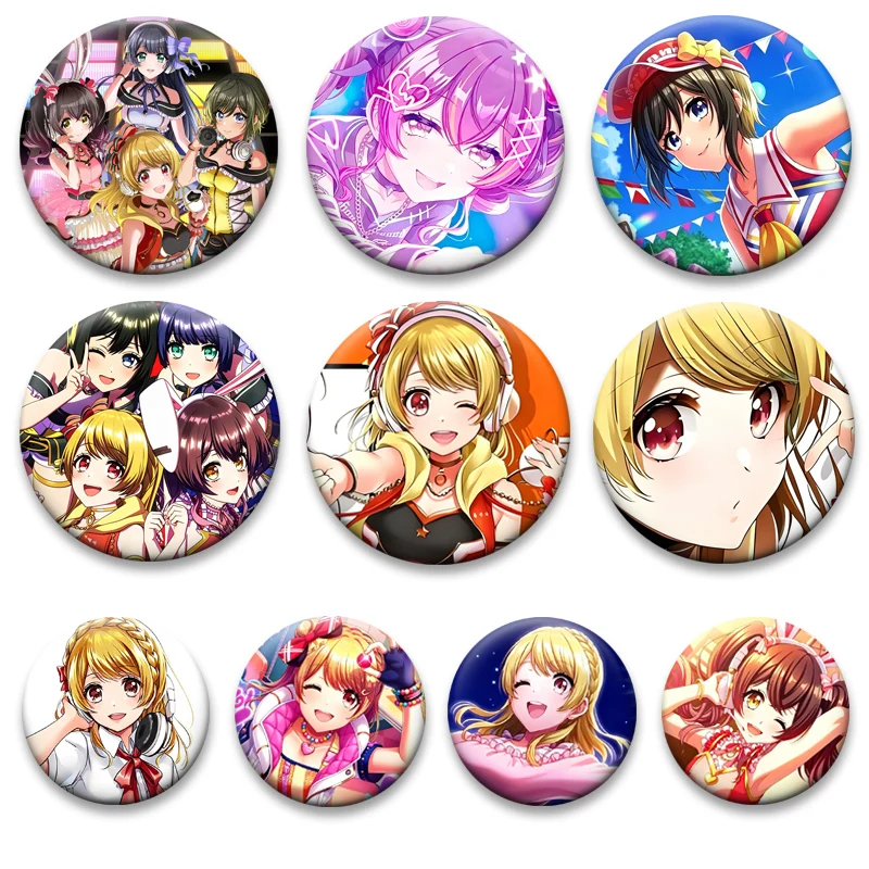 Cute Anime D4DJ Happy Around Pins Rinku Aimoto,Maho Akashi,Muni Ohnaruto,Rei Togetsu Cartoon Badge Round Brooches for Bag Decor