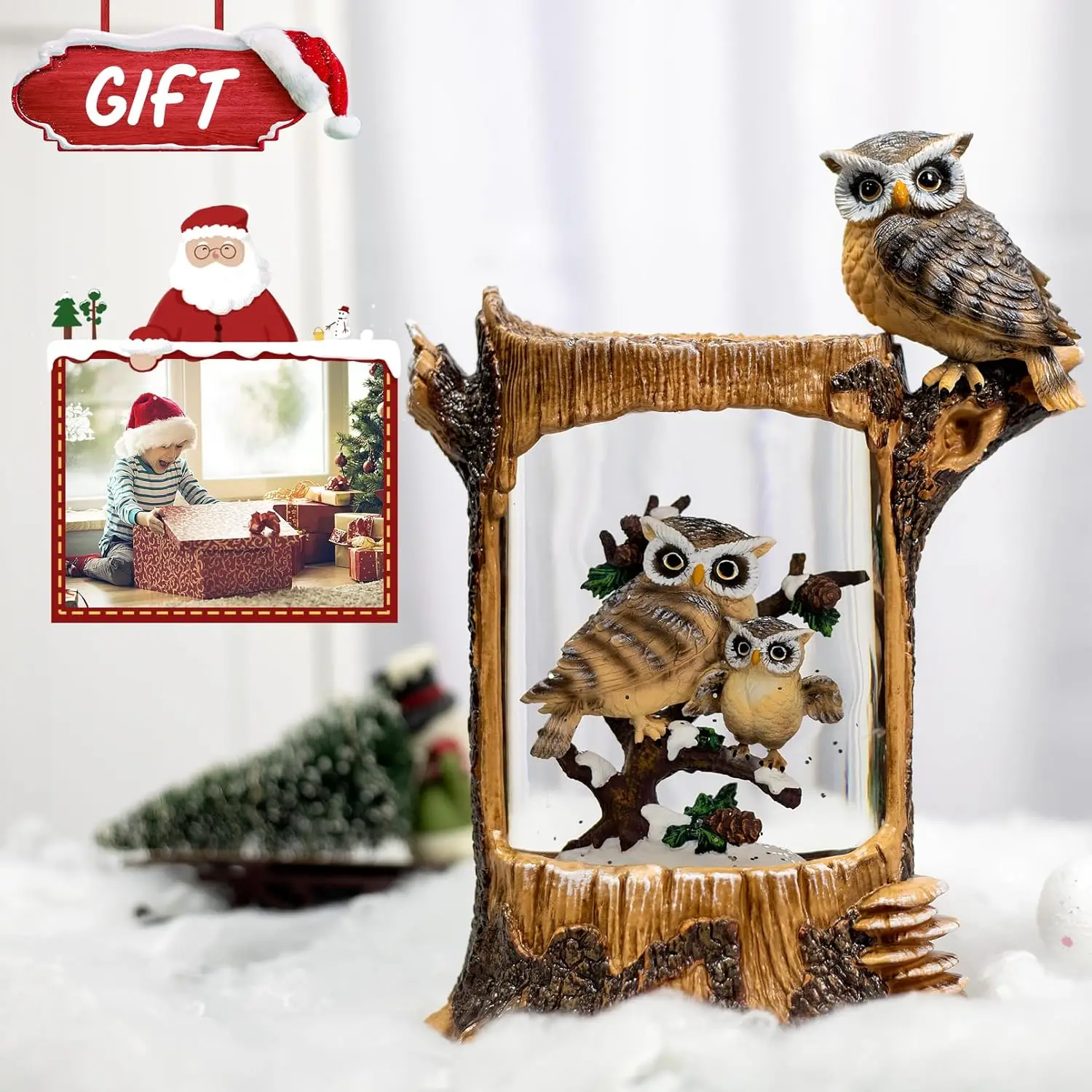 كرة ثلج عائلية على شكل بومة عيد الميلاد مع مؤقت، فانوس موسيقي لامع، تماثيل كبيرة قابلة للجمع لديكور المنزل في العطلات