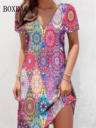 2023 Summer Pullover Short Sleeve Women's New Dress Fashion Plus-Size Dress Casual Loose V-Neck Ladies Summer Print Party Dress