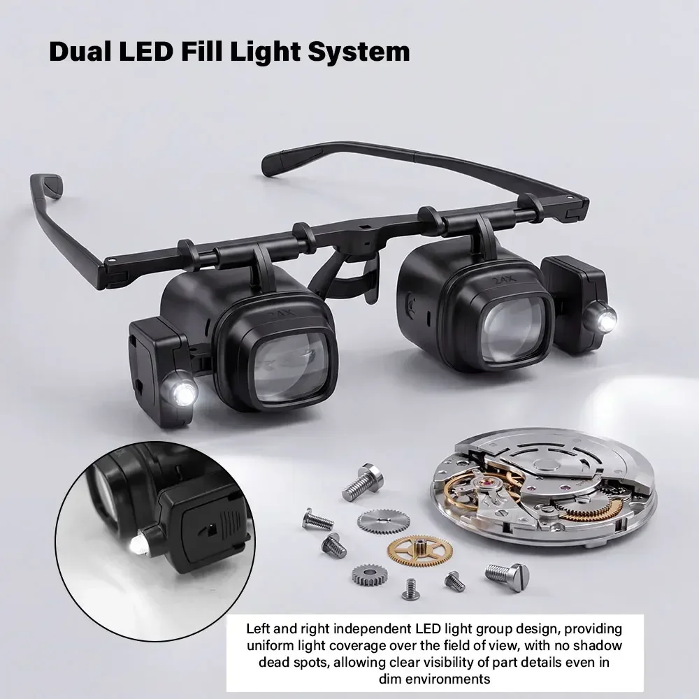 2X-24X LED-Stirnbandlupe, Doppelbrillenlupe für Uhrmacher, Juweliere, Reparaturen, Lötarbeiten, Telefon- und Elektronikkomponenten – Detail 1