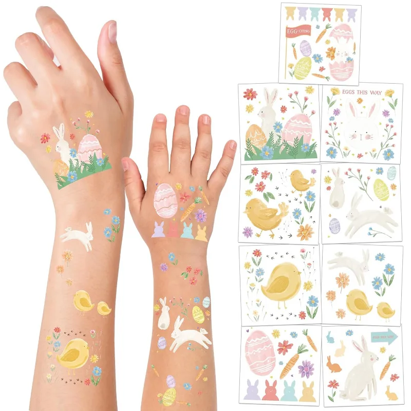 

108pcs Easter Temporary Water Resistant Tattoos Cute Bunny and Chick Pastels Body Sticker for Kids Spring Party Favor Supplies