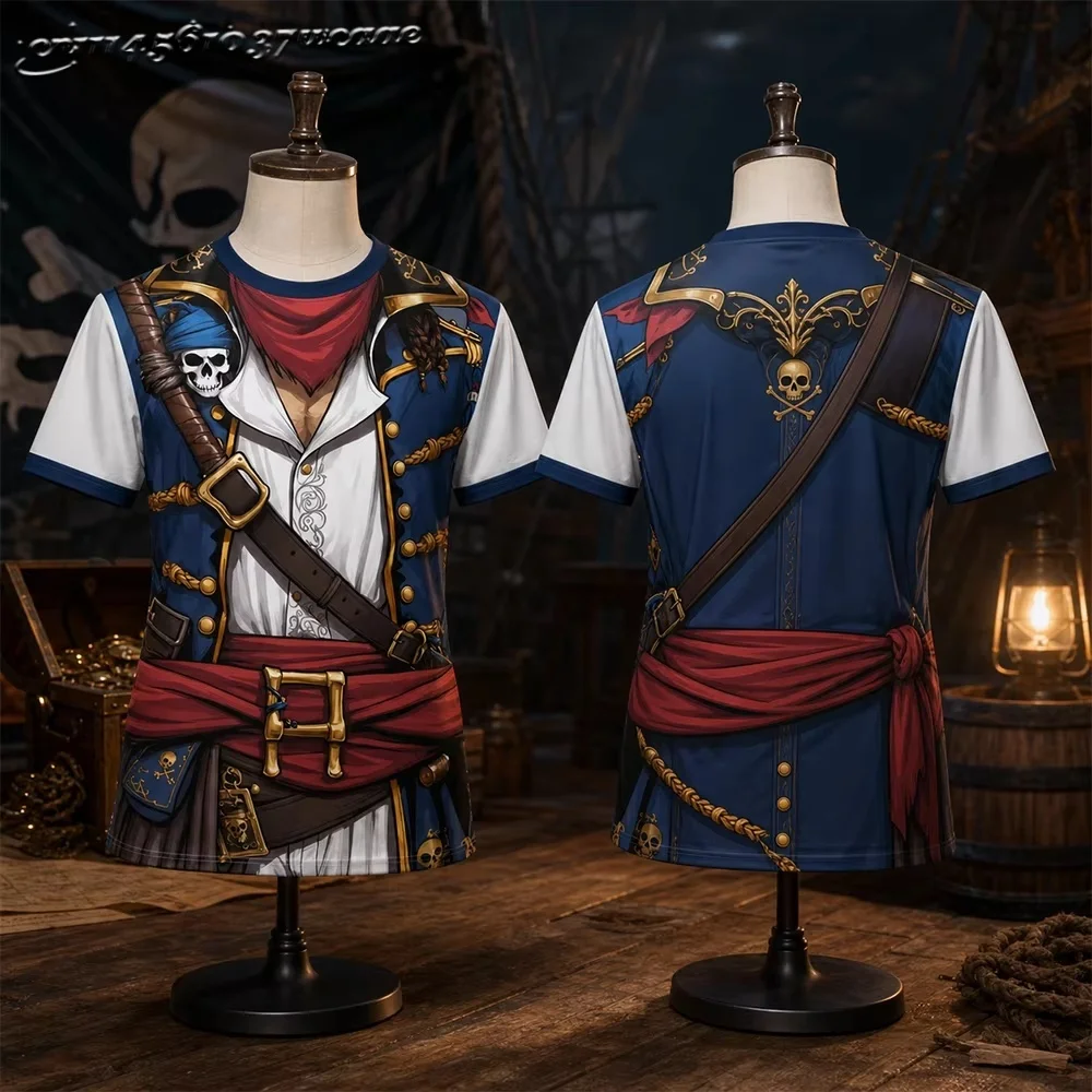 Unisex Pirate Captain Halloween Cosplay Party T-Shirt Quick-Dry Breathable  Sport Top for Outdoor Daily Wear Family Matching
