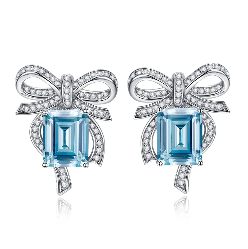 S925 pure silver sea blue treasure 8 * 10mm earrings, Redion luxurious full diamond and butterfly inlaid earrings, hot selling