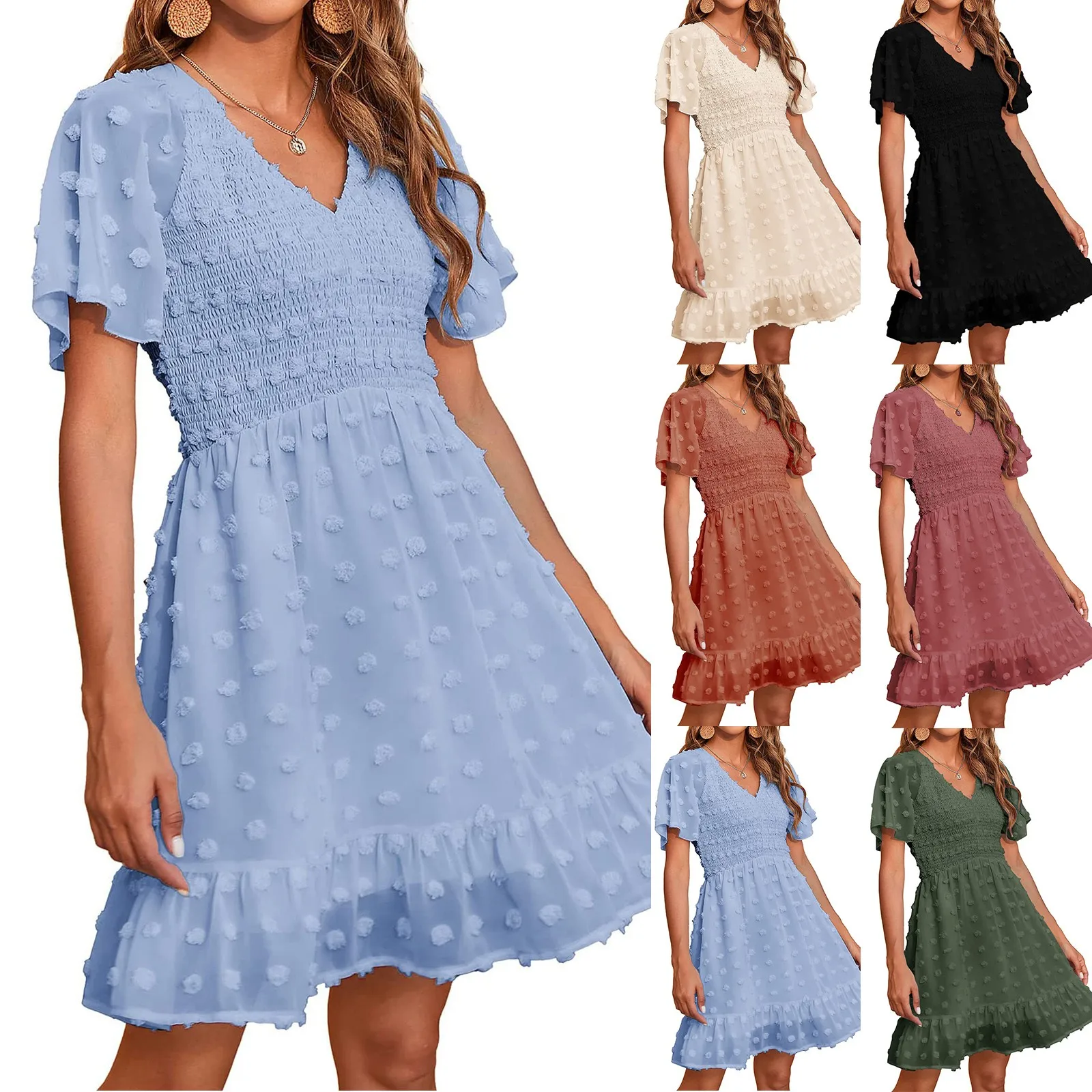 Chiffon Smocked Mini Dress For Women Fur Ball Point Short Sleeve Holiday Beach A-line Dress 2024 Summer Female Sundress