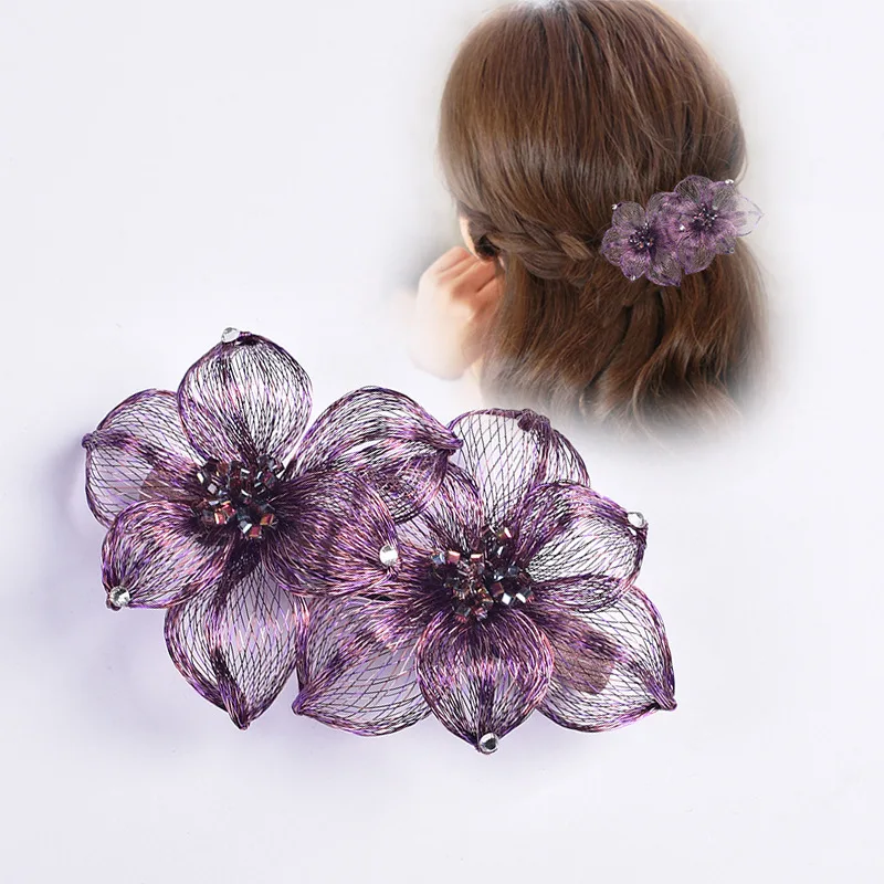 Handmade Copper Wire Braided Dual Flower Hair Clips for Women Girls Creative Design Crystal Hair Clamps Chic Hair Accessories