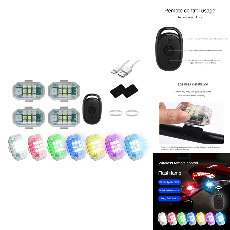 Strobe Light Motorcycle LED Flash Anti-Collision Warning Light Car Bicycle Waterproof Wireless Remote Control,6 PCS Durable