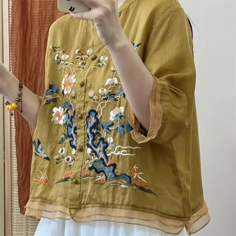 女性用コットンとリネンのブラウス,刺embroideredシャツ,ボタン付きステッチシャツ,高品質の服の販売,夏