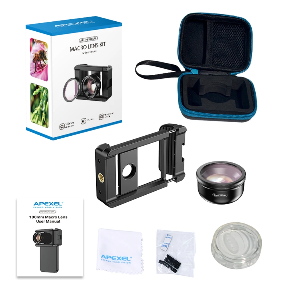 Apexel Handy 100mm Makro objektiv 10x cpl Filter Kit mit universellem Telefon clip für iPhone 14/13/Smartphones