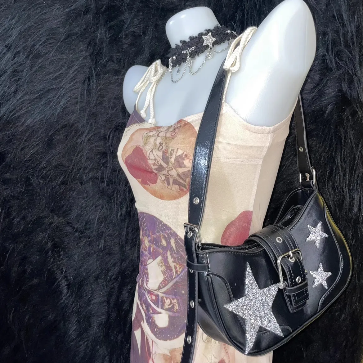 

Y2k Girl Vintage Harajuku Lolita Punk Women's Bright Diamond Star Splice PU Leather Underarm Handbag One Shoulder CrossbodyBag