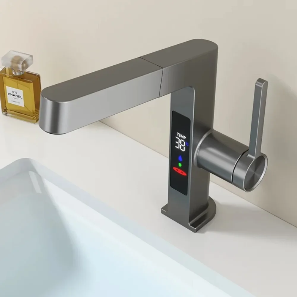 

Gun gray digital display pull-out basin faucet hot and cold retractable rotary shampoo household bathroom