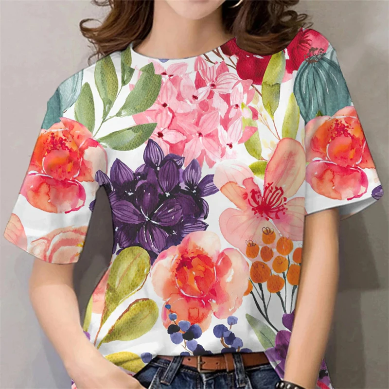 

Beautiful Flower T Shirts for Women Summer New Short Sleeve Top Casual Fashion Printed Women's T-Shirt Harajuku Streetwear Tee