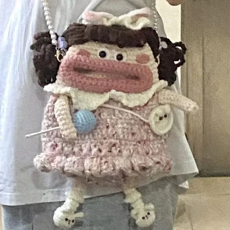 No-finished Product Lollipop Sweet Girl Sausage Mouth Mobile Phone Handmade DIY Crochet Cute Big Bag Ugly  Doll Woolen Crossbody