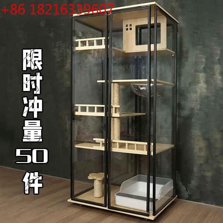 

Transparent cat house Luxury cat villa Household cage Solid wood room