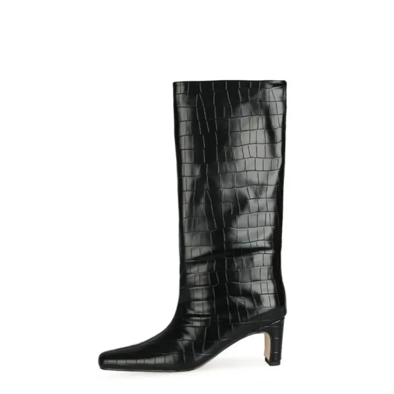 New Stone Pattern Black Red Fashionable Mid Calf Boots Autumn Winter Square Toe High-heeled Short Plush Warm Women Boots Size 45