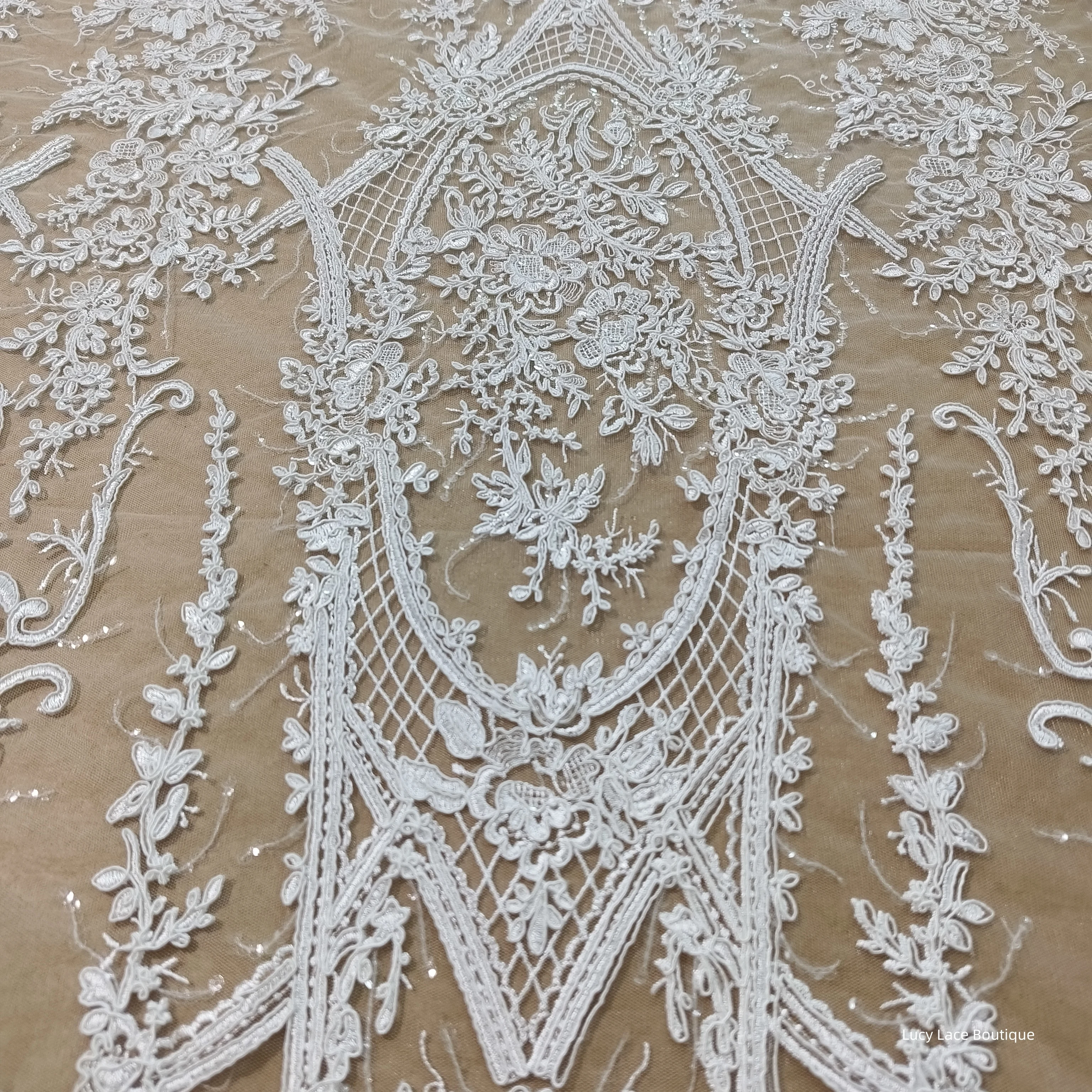 1.3M Wide Luxurious Embroidery Corded Tulle Mesh Lace Fabric European Style Gowns Lace Material Off White Colour with Sequins