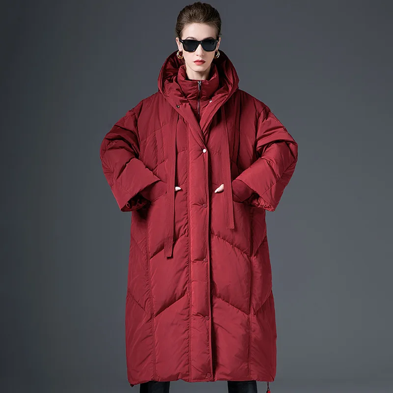 Luxo de alta qualidade design original inverno para baixo casaco para mulheres longo grosso acolchoado solto plus size pato branco para baixo jaqueta na moda