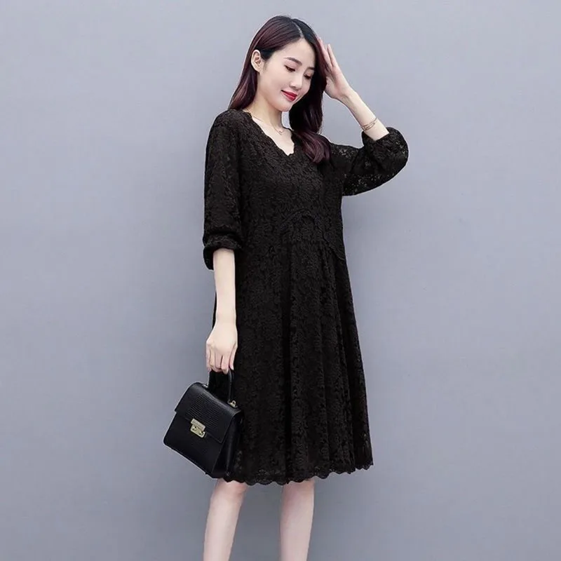 Elegant V-Neck Spliced Lace Ladies Dresses Women\'s Clothing Autumn Winter Loose Solid Color Office Lady Midi Dress