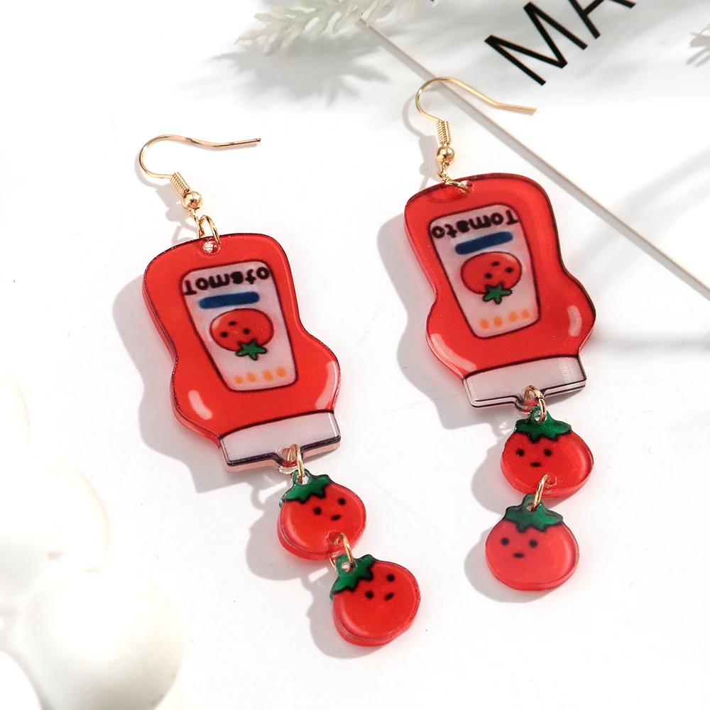 Cute Red Tomato Jam Bottle Long Drop Earrings for Women Funny Acrylic Cartoon Dangle Earrings Creative Jewelry Gifts