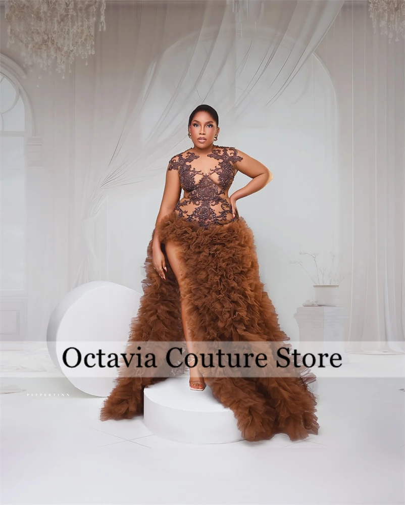 Brown O Neck Long Prom Dresses For Black Girls Bead Appliques 2024 Birthday Luxury Dress Ruffles Evening Gown With Split