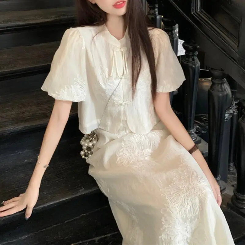 

Hot 2026 Summer New Women Clothing New Chinese Style Tassel Short Sleeve Shirt High Waist Half Body Long Dress Fashion Luxuryset