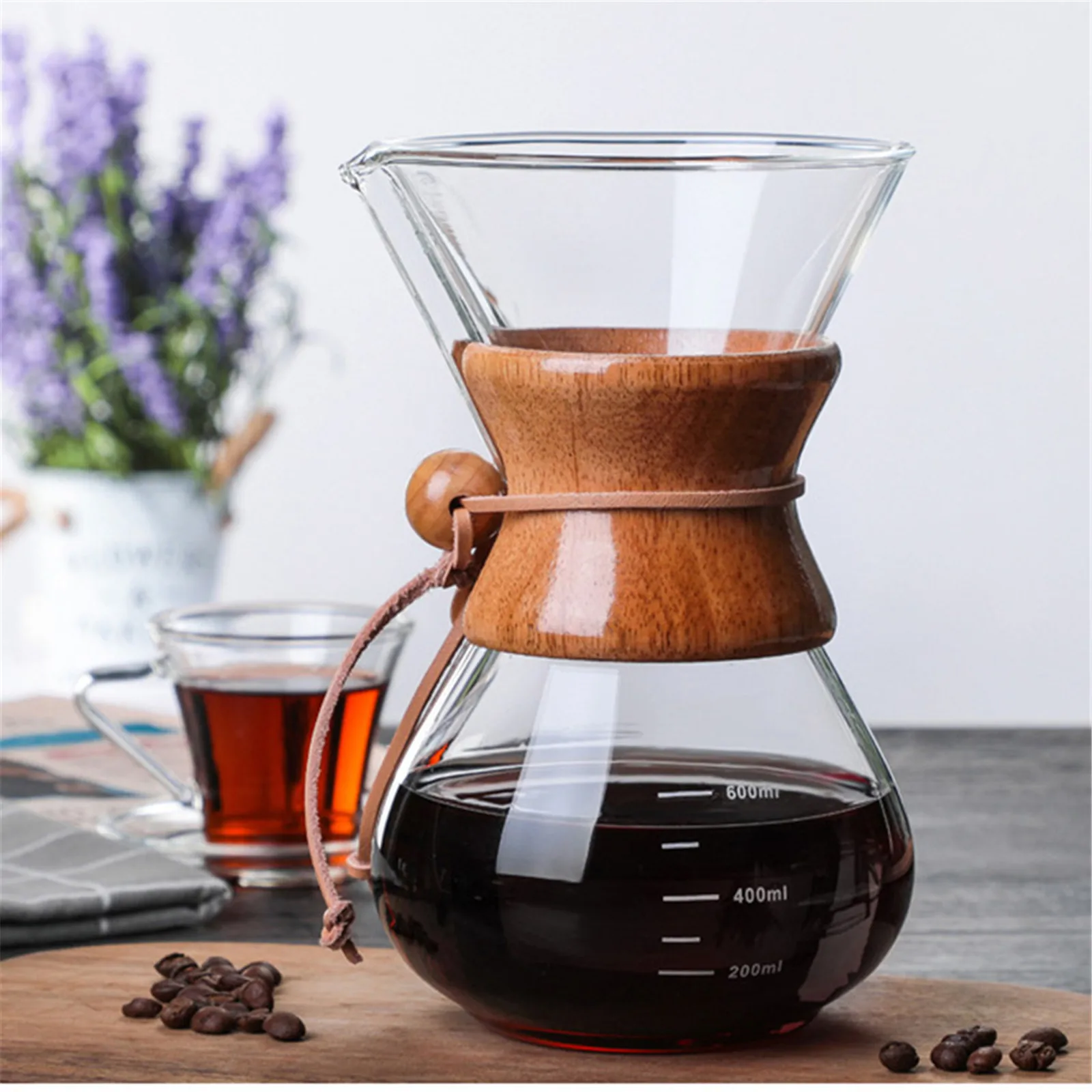 Pour Over Coffee Maker 14oz Paperless Glass Carafe with Stainless Steel Filter Manual Coffee Dripper Brewer with Wood Sleeve