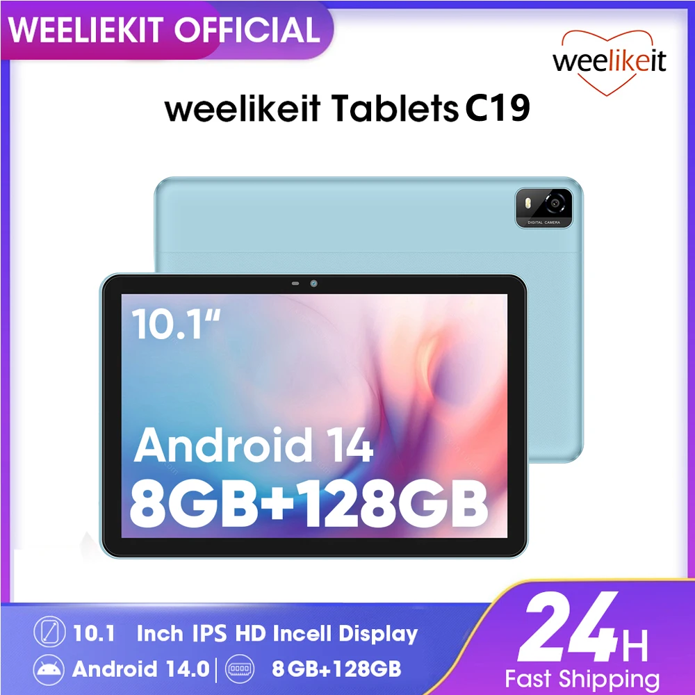 weelikeit Tablette 10,1 pouces Android 14 écran IPS HD 8 Go de RAM 128 Go de ROM 1 To extensible, processeur 8 cœurs 6000 mAh tablettes à écran tactile Incell caméras 5 + 8 MP Wifi6 Pad PC