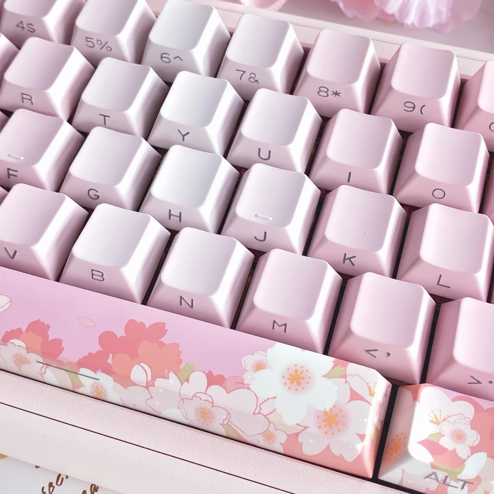 Pink Cherry Blossom Keycaps, transmissão de luz, gravação lateral, sublimação, teclado mecânico, keycaps gradiente, 14 chaves