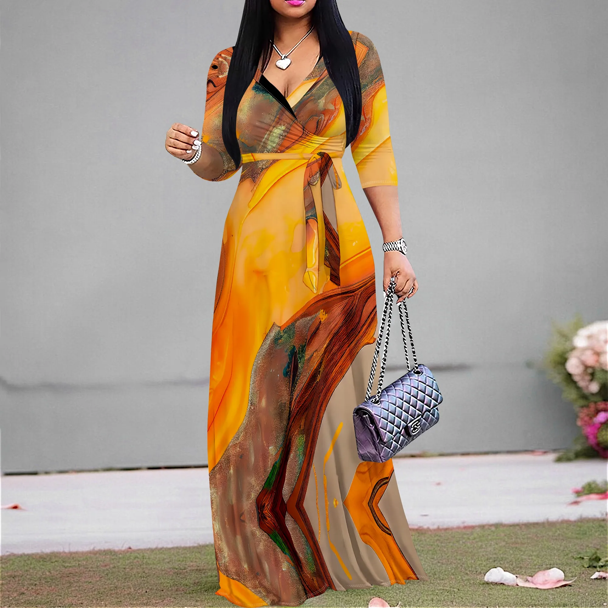 

Orange Abstract Print Maxi Dress S-3XL V-Neck Wrap Style with Belt & 3/4 Sleeves for Art Show, Thanksgiving or Fall Church Look