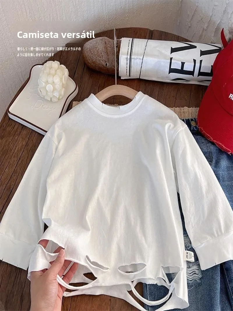 Camiseta Infantil de Manga Longa Moderna para Meninos e Meninas, Branca com Perfurações, Personalizada, Moda Primavera para C...