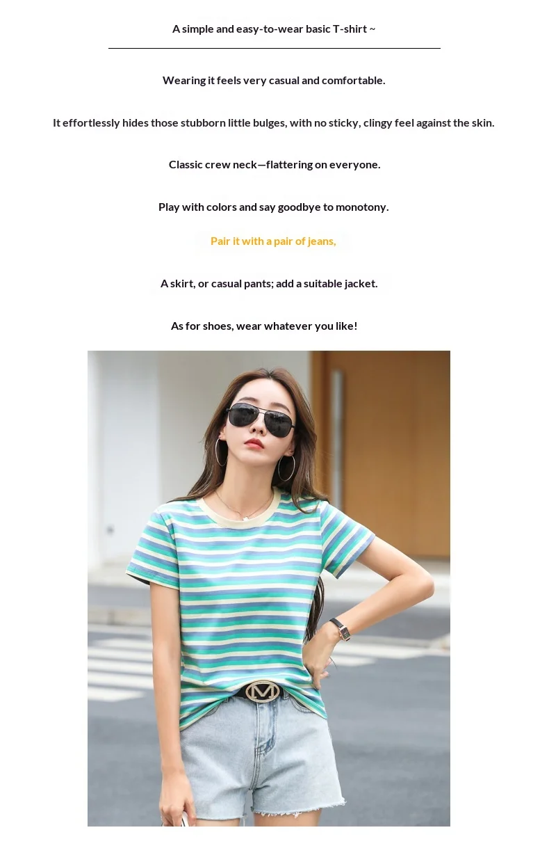 Damen Sommer T-Shirt mit Streifenmuster, kurze Ärmel, neu, schlankmachend, lockere Passform, halblange Ärmel, lässiges Basic-Oberteil – Detail 3