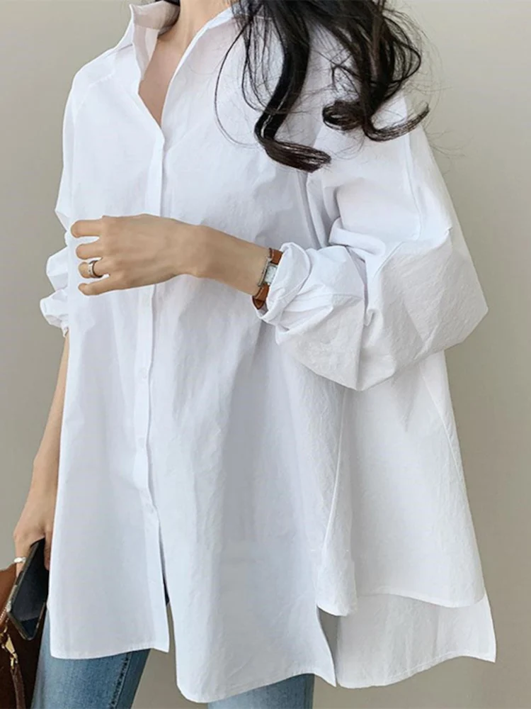 ZANZEA Women Blouse 2023 Autumn White Shirts Fashion Lapel Long Sleeve Buttons Asymmetrical Tops Baggy Casual Solid Blusas 