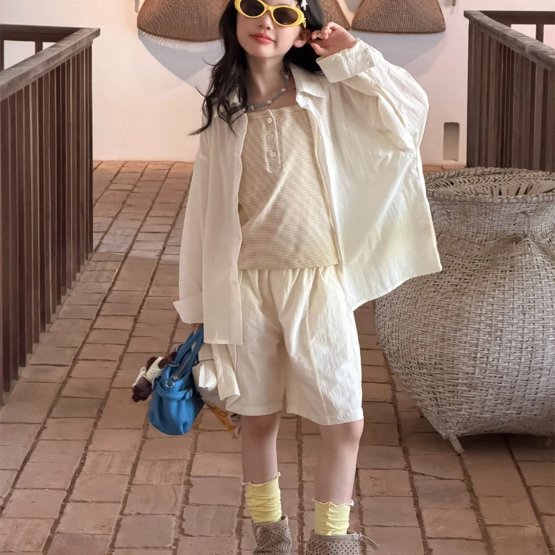 2026 New Summer Hot Selling Sun Protection Children's Lightweight Solid Color Shirt Jacket and Five Piece Pants Two-piece Set