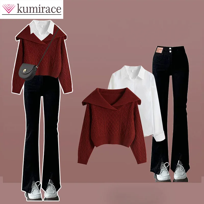 Herfst-En Winterset Dames 2024 Nieuwe Koreaanse Polokraag Gebreide Trui Shirt Jeans Driedelige Set Winterkleding Damesbroek