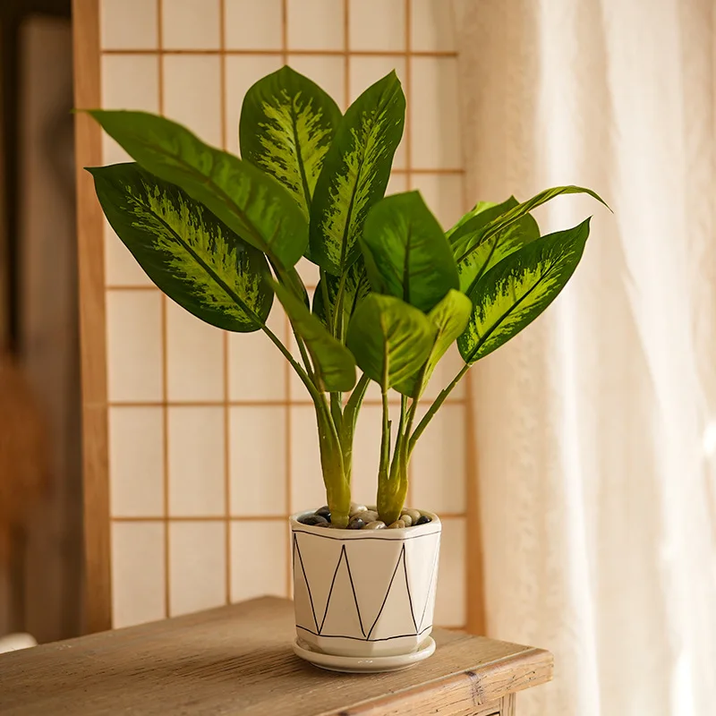 Plantas Verdes Artificiales, Filodendro Tortum Variegado, en Maceta de Cerámica para Flores, Bonsáis, Jardín, Patio, Decoración de Estanterías