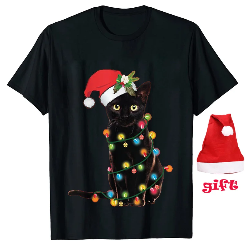 Camiseta divertida con estampado de gato negro, camisetas I Do What para mujer, camisetas de manga corta para fiesta de árbol de Navidad, camisetas femeninas con sombreros de Navidad