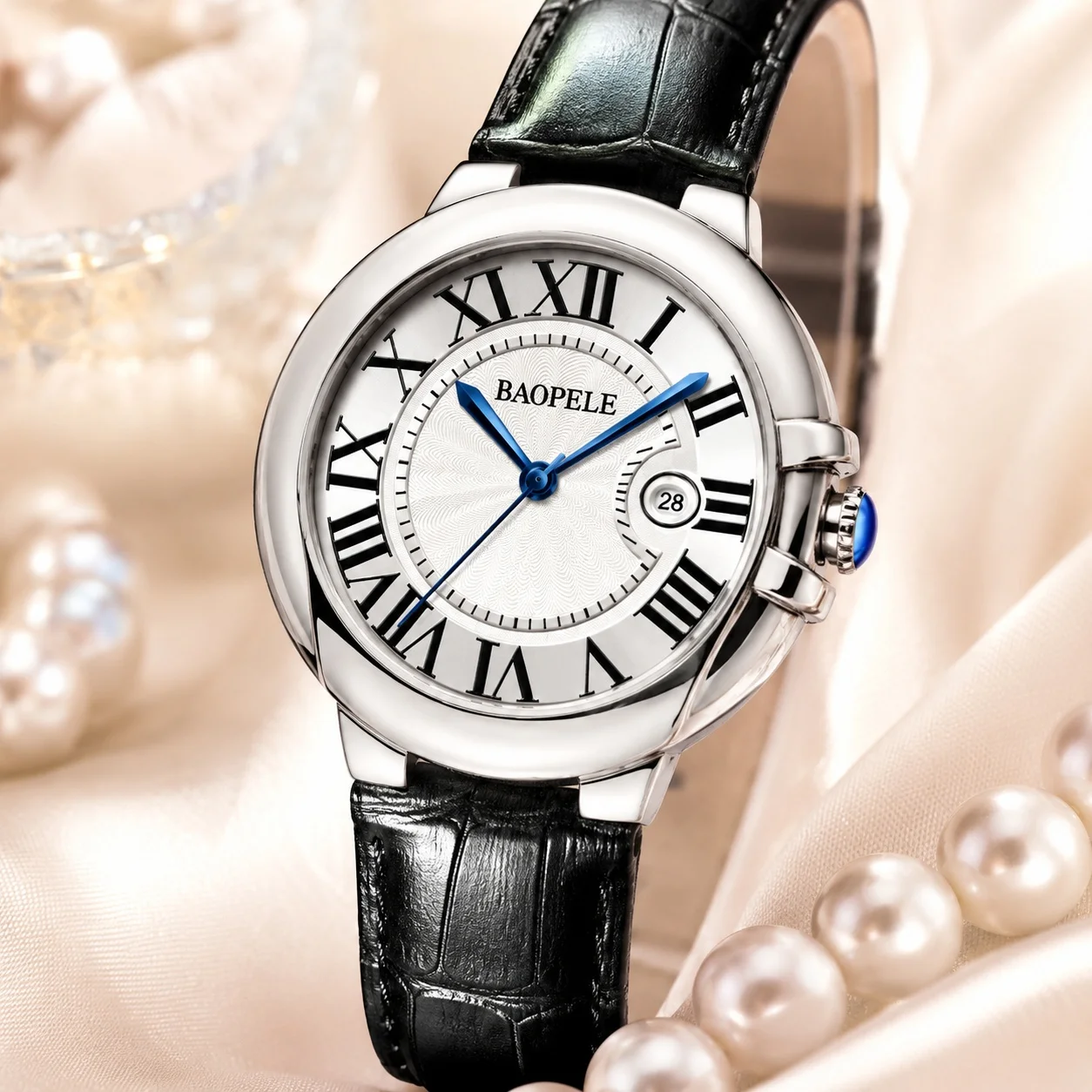 

Women Quartz Watch Black Leather Strap Roman Numeral Silver Case Date Display Elegant Casual Wristwatch Gift