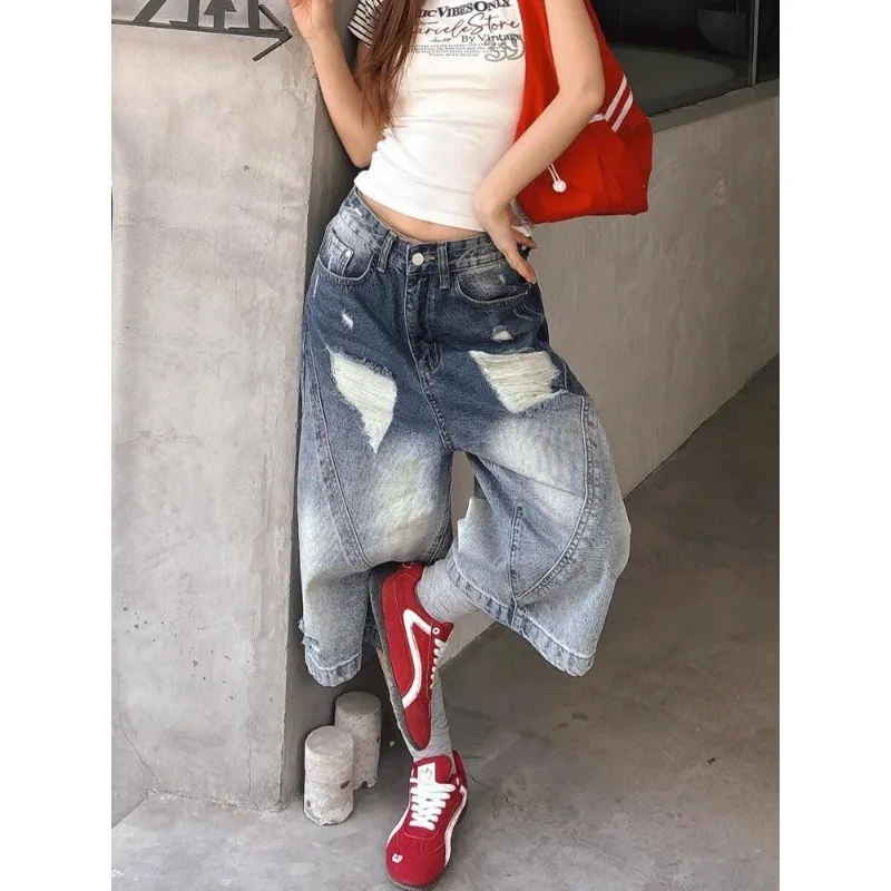 

Женские потертые шорты с градиентными синими дырками, летние Y2k, крутые джинсы длиной до икры для девочек, женские капри с высокой талией, джинсовые брюки