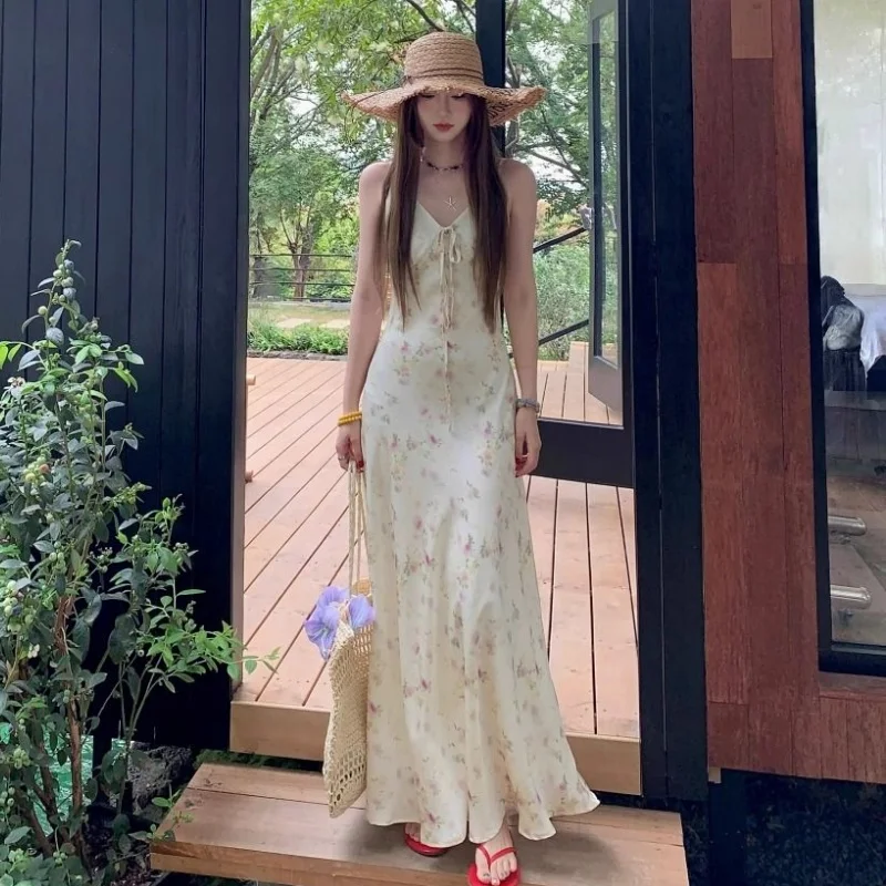 Damen Sommer Slip Maxikleid mit V-Ausschnitt, Schleifenkragen, schmal geschnitten, Blumenmuster, koreanischer Stil, süßes Kleid