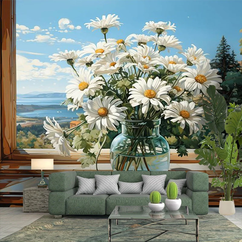 1PC Daisy Vase Lake View Art Print Backdrop Banner, Bedroom Living Room Photo Background, Polyester, Home Decor, Wall Art