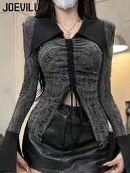 Goth Dark Style Polo Neck T-shirt Female Split Drawstring Long Sleeved Shirt Autumn Sexy Waist Cinching Tops Aesthetic Clothes