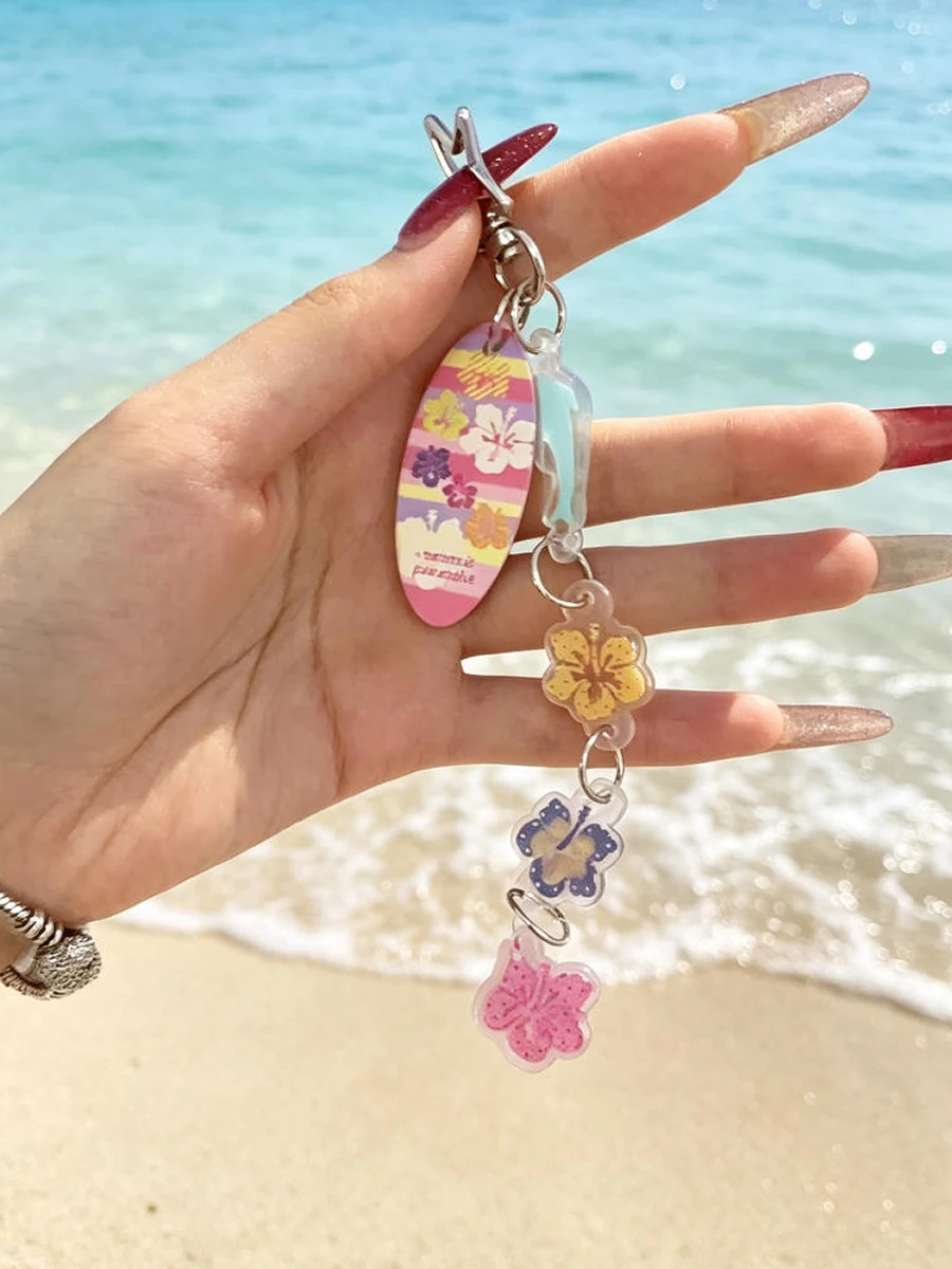 Hawaiian Vacation Style Floral Striped Flower Acrylic Keychain Girl Star Dolphin Decoration Pendant Bag Buckle Accessory