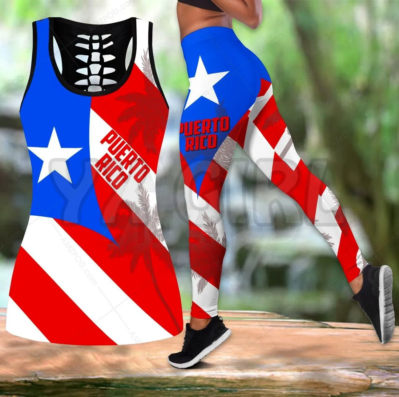 Puerto Rico Flag Skull  3D Printed Tank Top+Legging Combo Outfit Yoga Fitness Legging Women